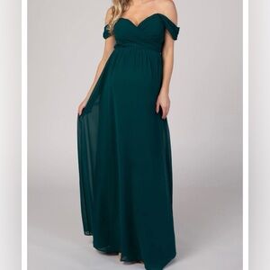 Pink blush off the shoulder forest green chiffon maxi maternity dress